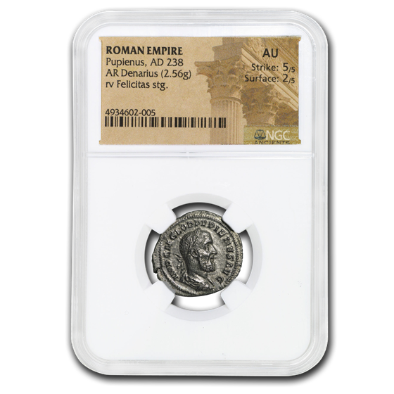 Roman Empire Silver Denarius Pupienus 238 AD AU NGC Roman Empire Silver Denarius Pupienus 238 AD AU NGC